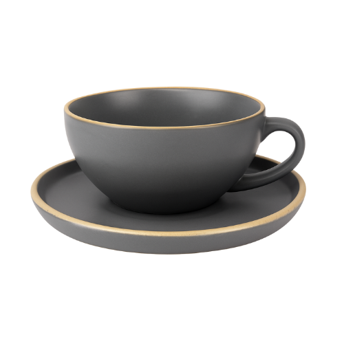 Bean Bliss 240ml Barista Friendly Stone Grey Stoneware Cappuccino and Latte Cup with Saucer – Microwave and Dishwasher Safe, Lead-Free – Set for Coffee Shop, Home, Office, Cafes, Restaurants