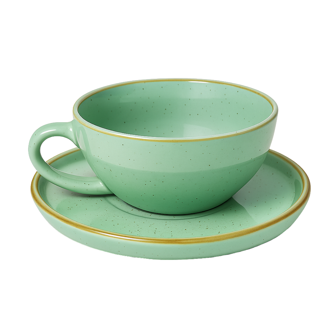 Bean Bliss 240ml Barista Friendly Mint Sparkle Stoneware Cappuccino and Latte Cup with Saucer – Microwave and Dishwasher Safe, Lead-Free – Set for Coffee Shop, Home, Office, Cafes, Restaurants